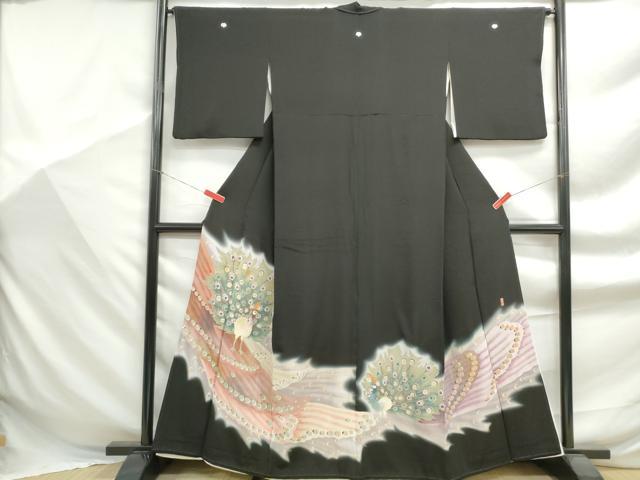 平和屋着物■豪華黒留袖 萬寿染 孔雀文 暈し染め 金銀彩 正絹 逸品 DABF9371qa