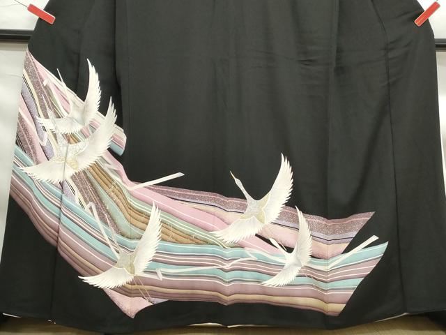 平和屋着物■豪華黒留袖 駒刺繍 流水群れ鶴文 金彩 正絹 逸品 DABF9391qa