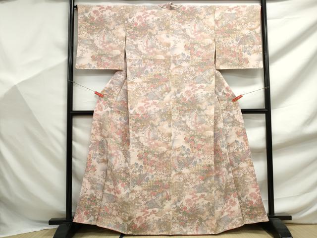 平和屋着物■上質な小紋 風景花蝶文 暈し染め 金銀彩 鬼しぼ縮緬 正絹 逸品 DABF9422qa