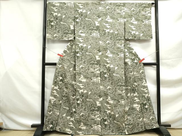 平和屋着物■上質な小紋 紬地 型染め 風景花鼓文 正絹 逸品 DABF9464qa