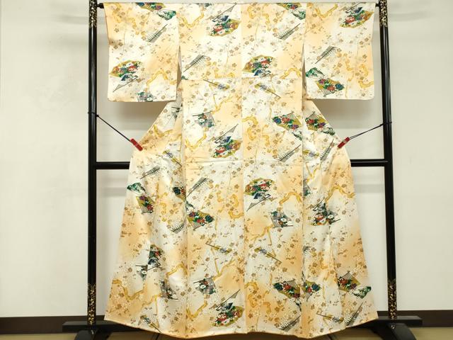 平和屋着物■上質な小紋 手描き 扇面花文 暈し染め 金彩 正絹 逸品 DABF9559cd