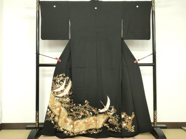 平和屋着物■豪華黒留袖 駒刺繍 飛鶴花文 金彩 正絹 逸品 DABF9613cd