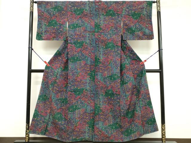 平和屋着物■上質な小紋 紬地 切嵌更紗花文 正絹 逸品 DABF9715cd
