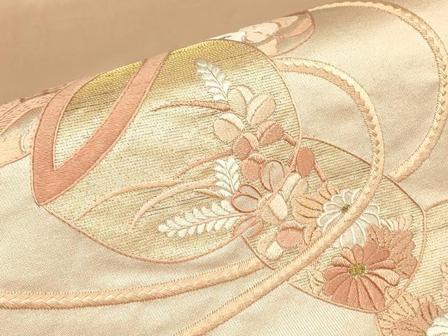 平和屋着物▼総刺繍 太鼓柄袋帯 紐花文 金糸 正絹 逸品 DABG0145az