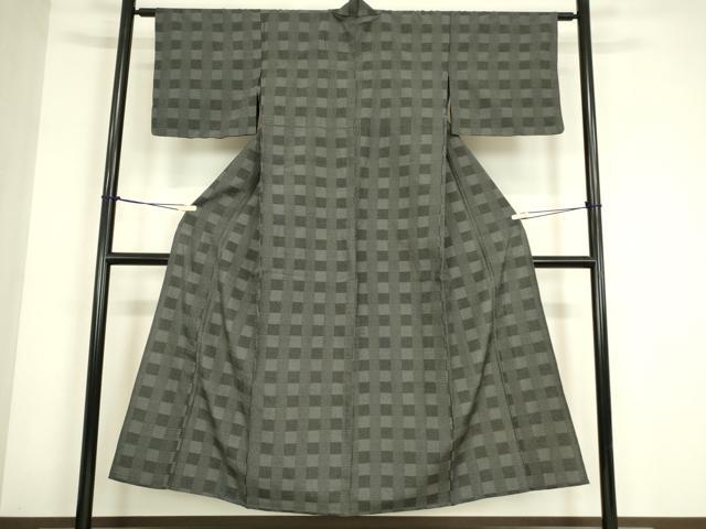 平和屋着物▽本塩沢 単衣 格子 110亀甲 正絹 逸品 DABG0246az