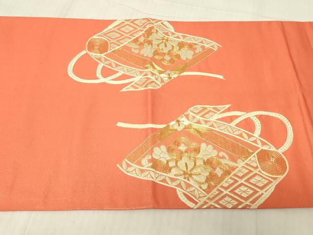 平和屋着物▼太鼓柄袋帯 駒刺繍 総刺繍 花絵巻文 金糸 正絹 逸品 DABG0271az