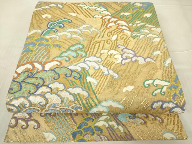 平和屋着物▽明綴れ 袋帯 スリーシーズン 春夏秋 立波文 金銀糸 正絹 逸品 DABG0363az