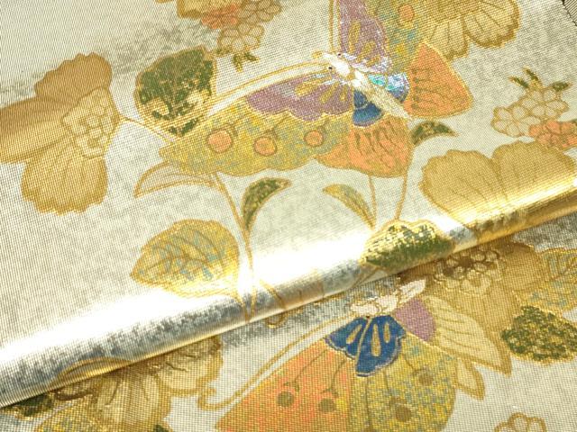 平和屋着物▼太鼓柄袋帯 螺鈿箔 舞蝶花文 金彩 引箔 三越扱い 正絹 逸品 DABG0388az