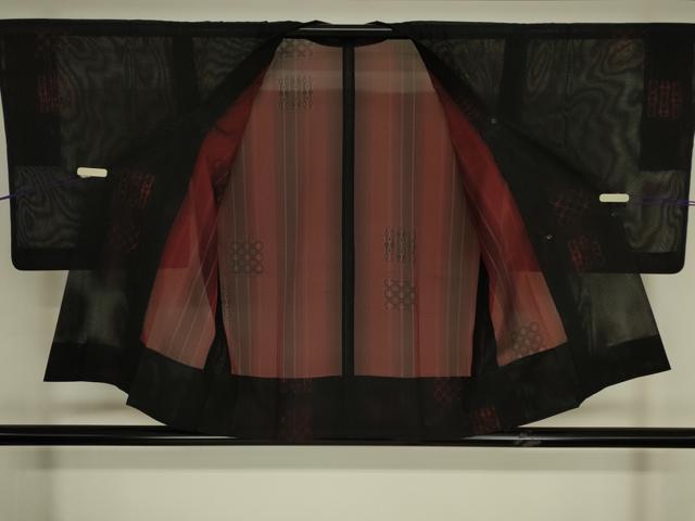 平和屋着物▽道行コート スリーシーズン 春夏秋 塵除け 色紙花文 黒地 正絹 逸品 DABG0417az