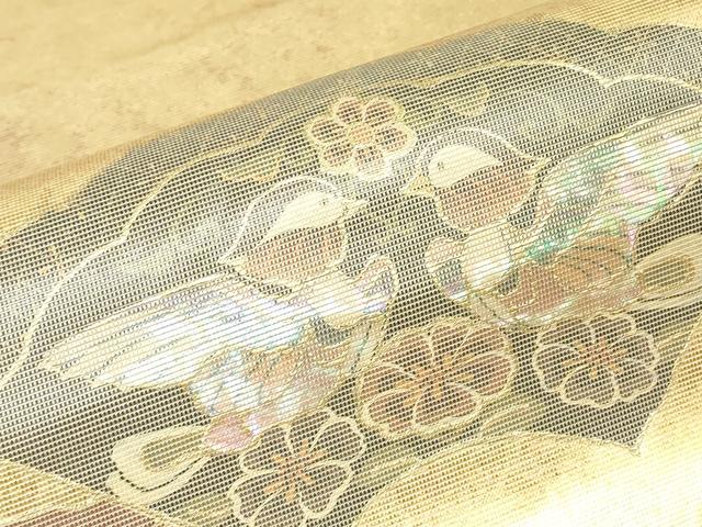 平和屋着物▼太鼓柄袋帯 螺鈿箔 花喰い鳥 金彩 引箔 正絹 逸品 DABG0459az
