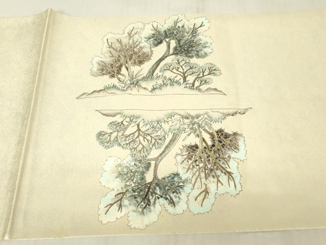 平和屋着物▼太鼓柄袋帯 作家物 手描き 水辺風景樹林文 引箔 正絹 逸品 DABG0485az