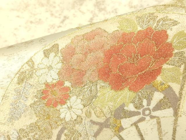 平和屋着物▼中国三大刺繍 相良刺繍 総刺繍 太鼓柄袋帯 扇面花文 金糸 引箔 正絹 逸品 DABG0500az