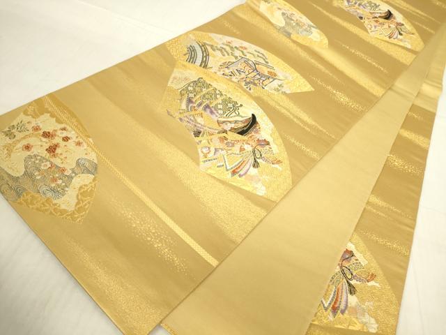 平和屋本店▼六通柄袋帯 王朝扇面文 淡金九百錦 正絹 逸品 DABG0555az