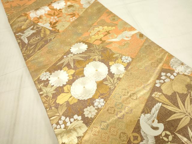平和屋着物▼六通柄袋帯 駒刺繍 飛鶴宝尽くし花文 金銀彩 正絹 逸品 DABG0571az