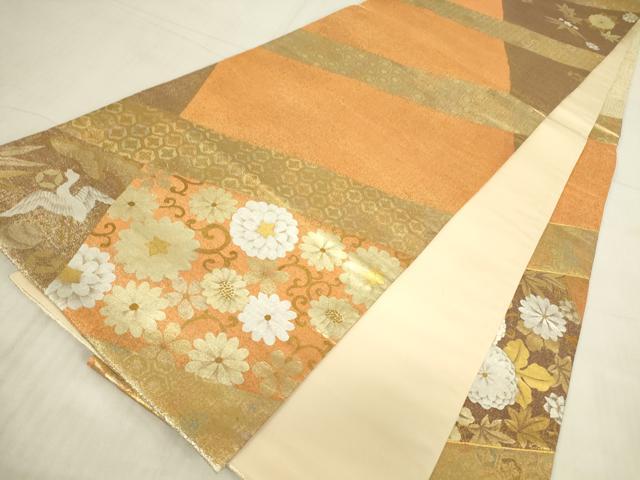 平和屋着物▼六通柄袋帯 駒刺繍 飛鶴宝尽くし花文 金銀彩 正絹 逸品 DABG0571az