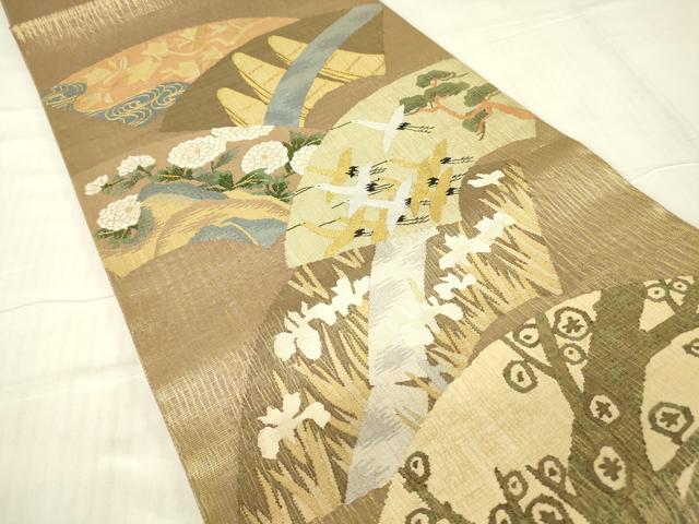 平和屋着物▽明綴れ 太鼓柄袋帯 スリーシーズン 春夏秋 地紙飛鶴花文 金糸 正絹 逸品 DABG0576az