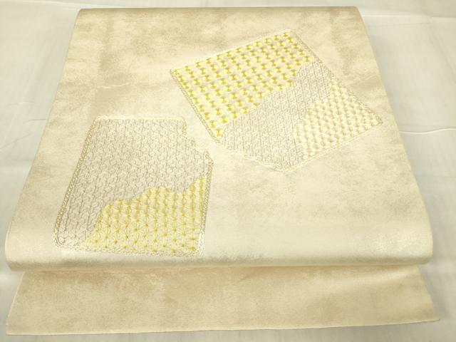 平和屋着物▼太鼓柄袋帯 駒刺繍 総刺繍 破れ色紙花文 銀糸 引箔 正絹 逸品 DABG0654az