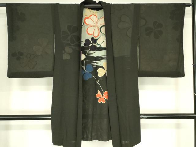 平和屋着物▽長羽織 無双 絽袷 絽×絽 スリーシーズン 春夏秋 塵除け カタバミ 黒地 正絹 逸品 DABG0664az