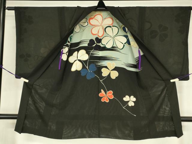 平和屋着物▽長羽織 無双 絽袷 絽×絽 スリーシーズン 春夏秋 塵除け カタバミ 黒地 正絹 逸品 DABG0664az