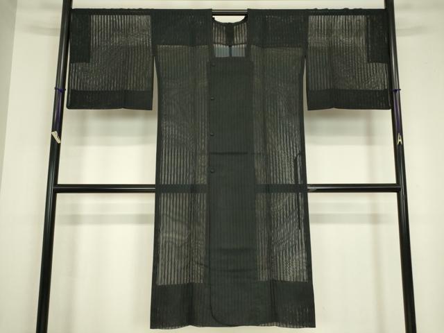 平和屋着物▽道行コート スリーシーズン 春夏秋 塵除け 二重紗 縞 黒色 ロング丈 正絹 逸品 DABG0676az