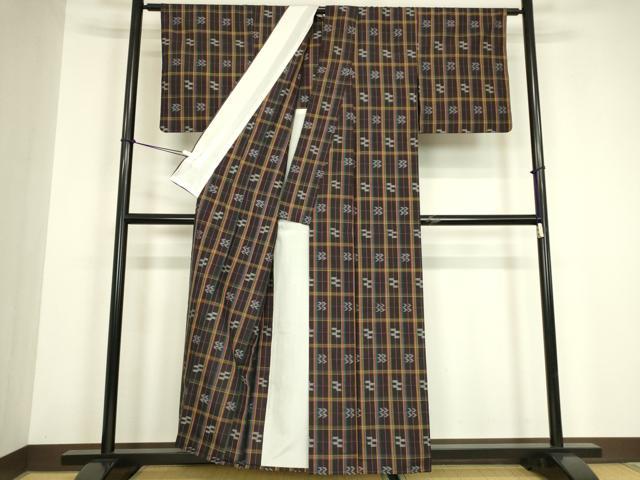 平和屋着物▽上質な紬 単衣 絣格子文 正絹 逸品 DABG0687az