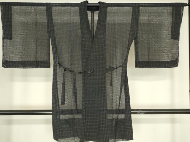 平和屋着物▽道中着 スリーシーズン 春夏秋 塵除け 格子 黒地 ロング丈 正絹 逸品 DABG0692az