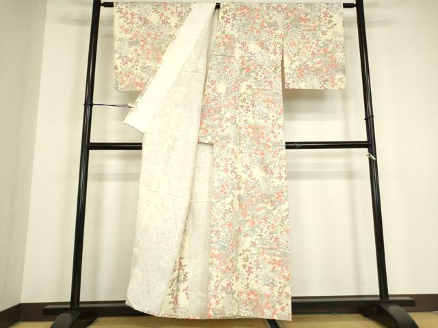 平和屋着物▽上質な紬 単衣 京友禅 御所車鳳凰花文 証紙付き 正絹 逸品 DABG0711az