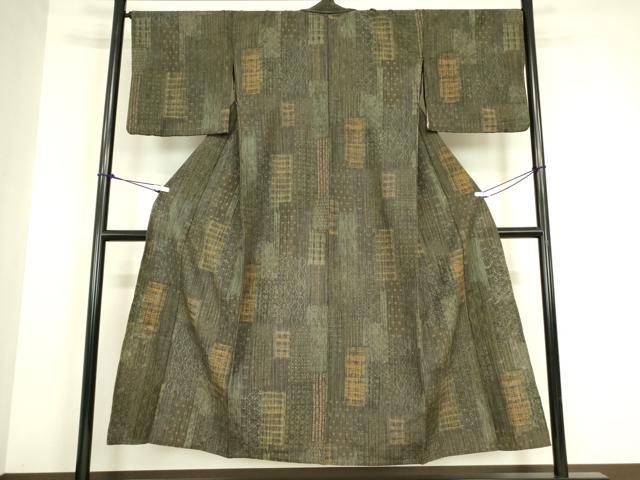 平和屋着物▽上質な紬 単衣 市松花文 正絹 逸品 DABG0715az