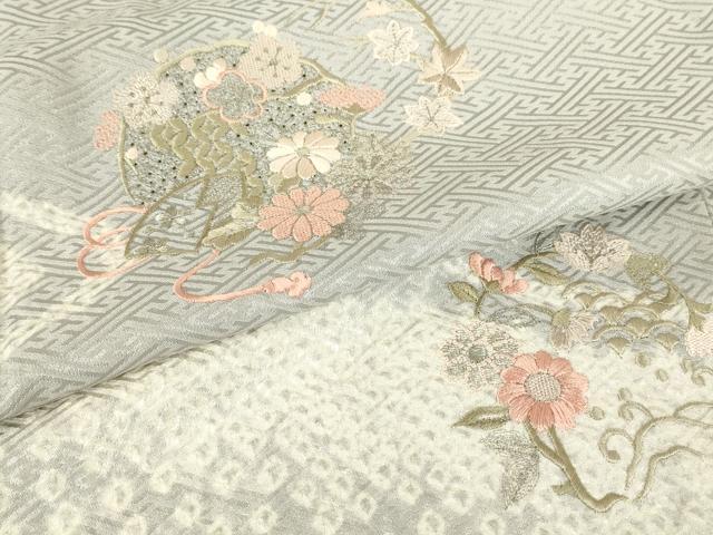 平和屋着物▽中国三大刺繍 スワトウ刺繍 汕頭刺繍 訪問着 単衣 絞り 花丸文 金彩 正絹 逸品 DABG0764az
