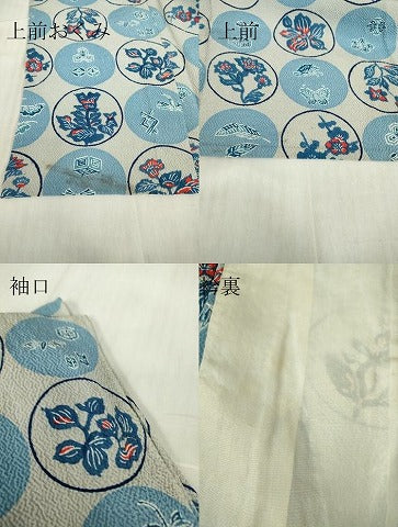 平和屋着物▽上質な小紋 単衣 藍 型染 花丸吉祥文 鬼しぼ縮緬 大丸扱い 正絹 逸品 DABG0783az