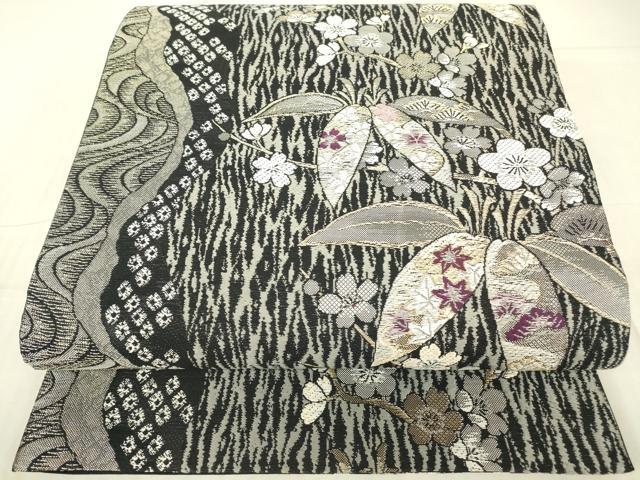 平和屋着物●六通柄袋帯 古代貝紫 笹に枝梅 黒地 金糸 正絹 逸品 DABG0867az