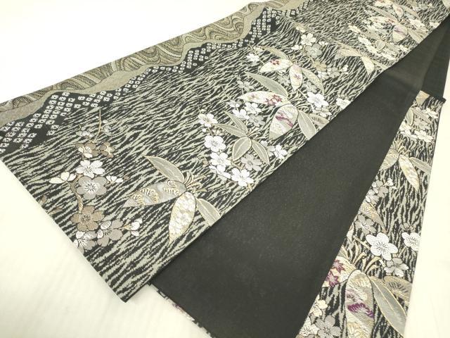 平和屋着物●六通柄袋帯 古代貝紫 笹に枝梅 黒地 金糸 正絹 逸品 DABG0867az