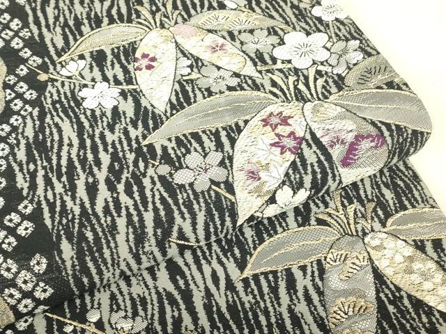 平和屋着物●六通柄袋帯 古代貝紫 笹に枝梅 黒地 金糸 正絹 逸品 DABG0867az