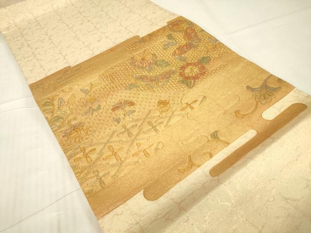 平和屋着物▼中国三大刺繍 スワトウ刺繍 汕頭刺繍 太鼓柄袋帯 更紗花蝶文 金彩 正絹 逸品 DABG0882az