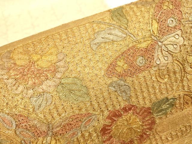 平和屋着物▼中国三大刺繍 スワトウ刺繍 汕頭刺繍 太鼓柄袋帯 更紗花蝶文 金彩 正絹 逸品 DABG0882az