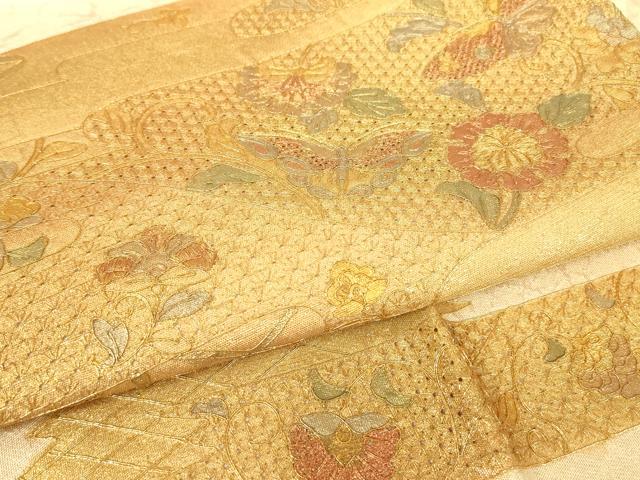 平和屋着物▼中国三大刺繍 スワトウ刺繍 汕頭刺繍 太鼓柄袋帯 更紗花蝶文 金彩 正絹 逸品 DABG0882az