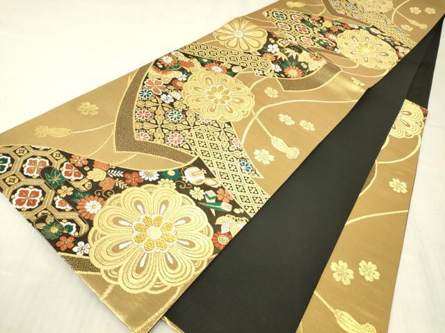平和屋着物▼六通柄袋帯 正倉院花絵巻文 金糸 正絹 逸品 DABG0915az