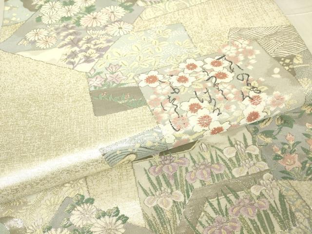 平和屋着物▼両面 全通柄袋帯 プラチナ 色紙重ね花文 正絹 逸品 DABG0931az