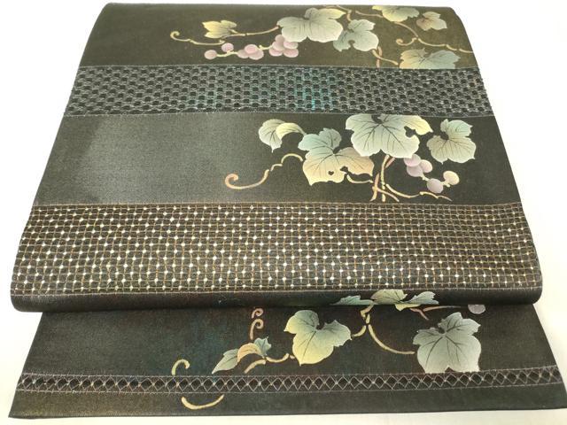 平和屋着物●極上 中国三大刺繍 スワトウ刺繍 汕頭刺繍 総刺繍 袋帯 葡萄蔦の葉文 黒地 金彩 引箔 正絹 逸品 DABG0933az