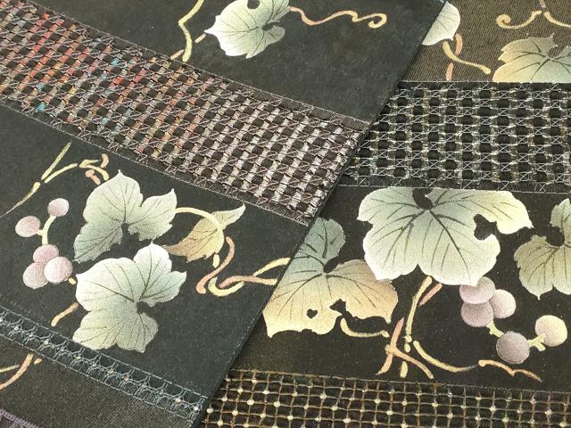 平和屋着物●極上 中国三大刺繍 スワトウ刺繍 汕頭刺繍 総刺繍 袋帯 葡萄蔦の葉文 黒地 金彩 引箔 正絹 逸品 DABG0933az