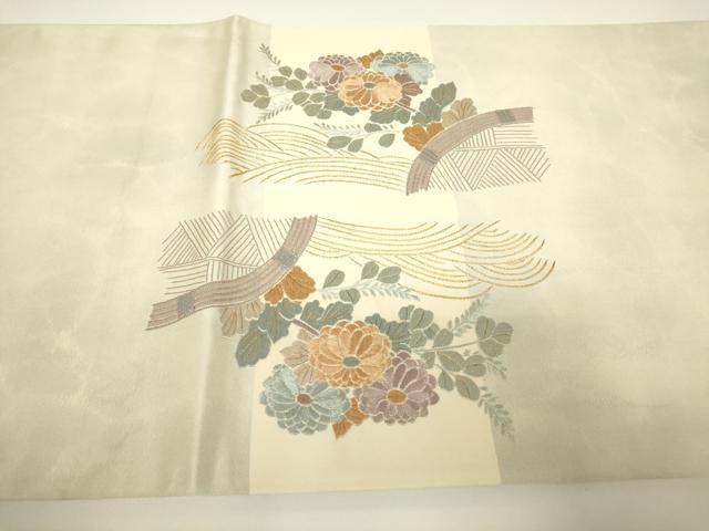 平和屋着物▼太鼓柄袋帯 総刺繍 籬流水花文 金糸 正絹 逸品 DABG0957az
