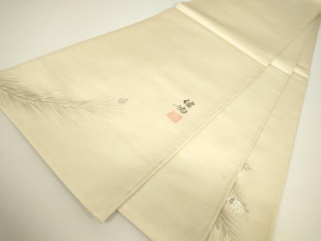 平和屋着物▼太鼓柄袋帯 刺繍 作家物 舞葉文 手描き 銀糸 正絹 逸品 DABG0967az