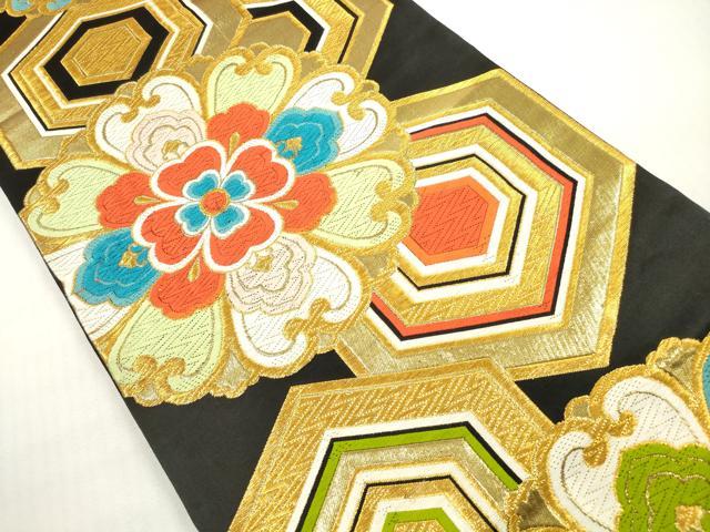 平和屋着物◎六通柄 京袋帯 唐織 亀甲正倉院花文 黒地 金糸 正絹 逸品 DABG1015xg