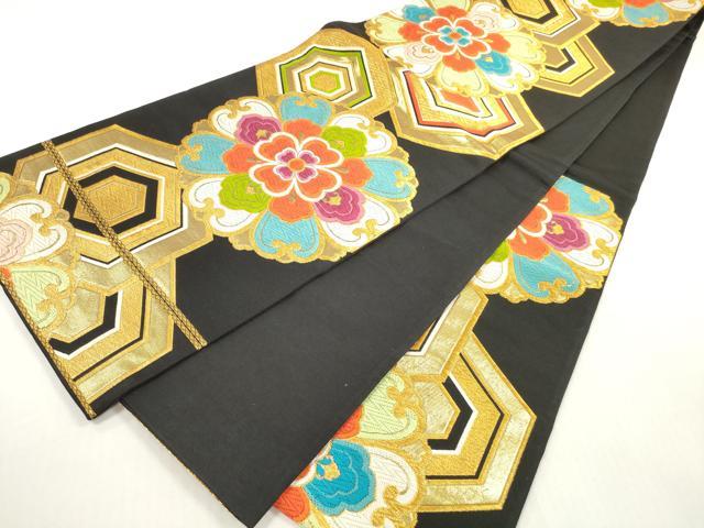 平和屋着物◎六通柄 京袋帯 唐織 亀甲正倉院花文 黒地 金糸 正絹 逸品 DABG1015xg