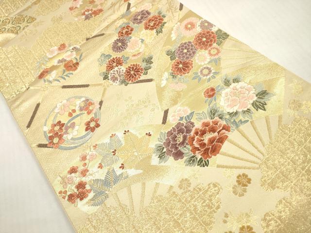 平和屋着物◎六通柄袋帯 唐織 扇面花文 金糸 鈴乃屋扱い 正絹 逸品 DABG1120xg