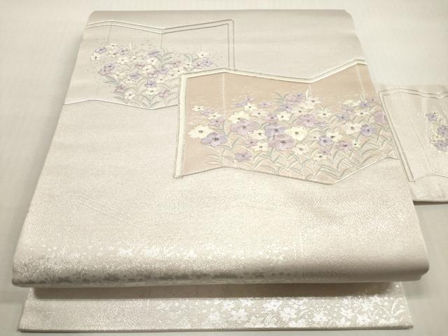 平和屋着物◎九寸名古屋帯 総刺繍 駒刺繍 屏風草花文 銀糸 正絹 逸品 DABG1211xg