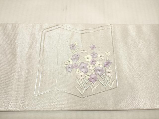 平和屋着物◎九寸名古屋帯 総刺繍 駒刺繍 屏風草花文 銀糸 正絹 逸品 DABG1211xg