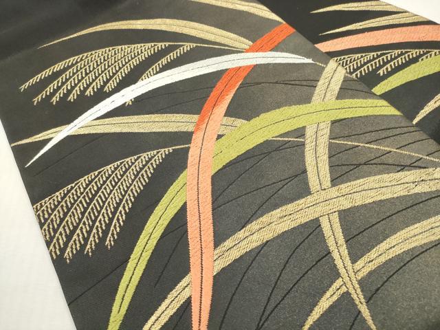 平和屋着物◎九寸名古屋帯 唐織 芝草文 芒 ススキ 黒地 金糸 正絹 逸品 DABG1294xg