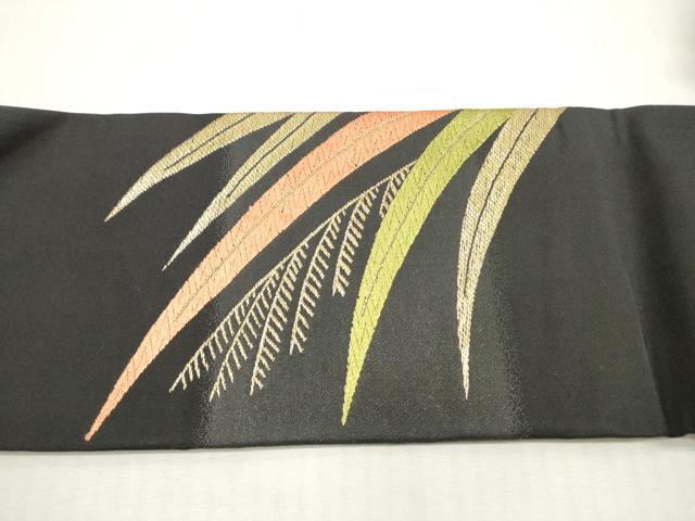 平和屋着物◎九寸名古屋帯 唐織 芝草文 芒 ススキ 黒地 金糸 正絹 逸品 DABG1294xg