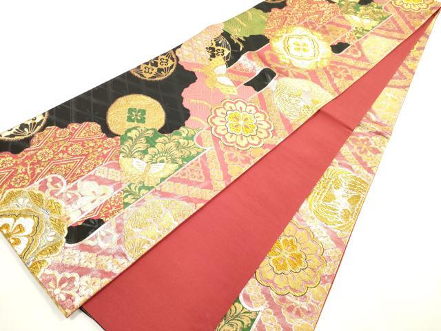 平和屋着物◎全通柄袋帯 唐織 衣かさね 正倉院花蝶文 黒地 金銀糸 正絹 逸品 DABG1490xg